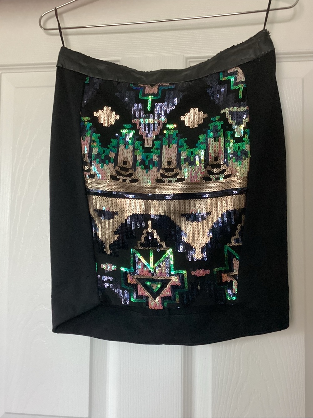 Lush Black Mini Skirt with Green, Gold & Blue Sequin Pattern